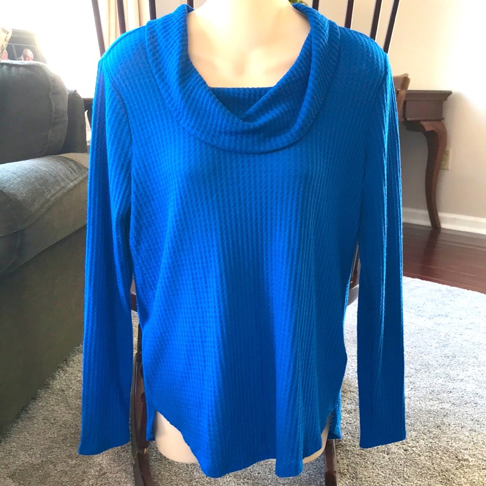 Pretty blue waffle knit cowl neck top size small